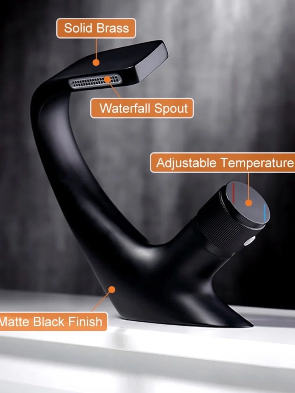 Matte Black Waterfall Bathroom Faucet – Single-Handle Modern Vanity Mixer